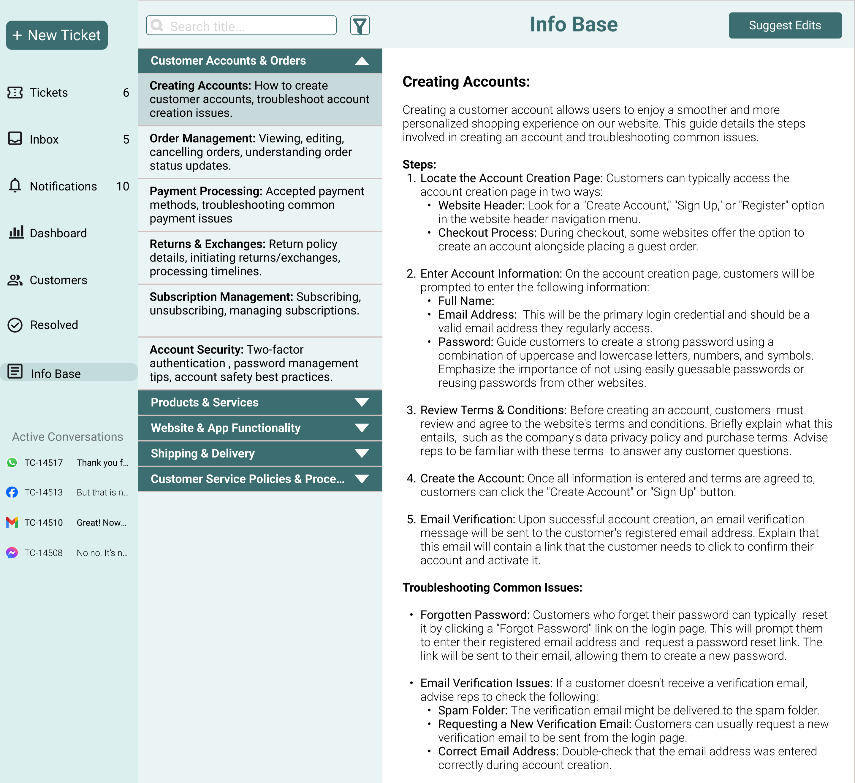 Info Base interface showing categorized help articles and search functionality